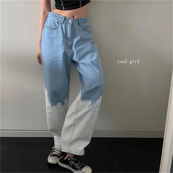 

women's jeans hip hop patchwork pants fahion wash women spring high waist punk straight vintage street skeleton denim, Blue