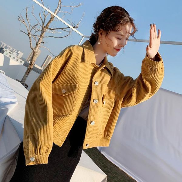 

women's jackets corduroy jacket spring and autumn 2021 short loose wild solid color lapel pocket clothing, Black;brown