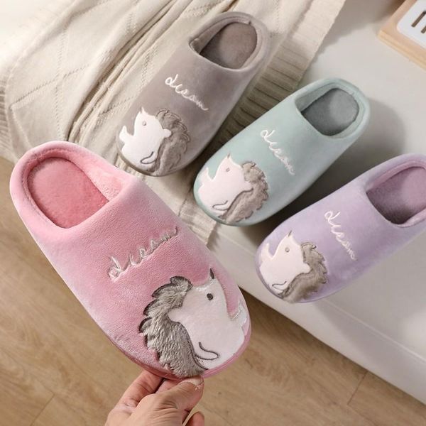 

slippers cute hedgehog women winter home cartoon animal slip on soft warm house shoes men ladies couple indoor bedroom footwear, Black