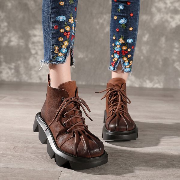 

2021 autumn and winter handmade leather women's single sho lace up round head cow leather thick bottom slope heel british short boots, Black