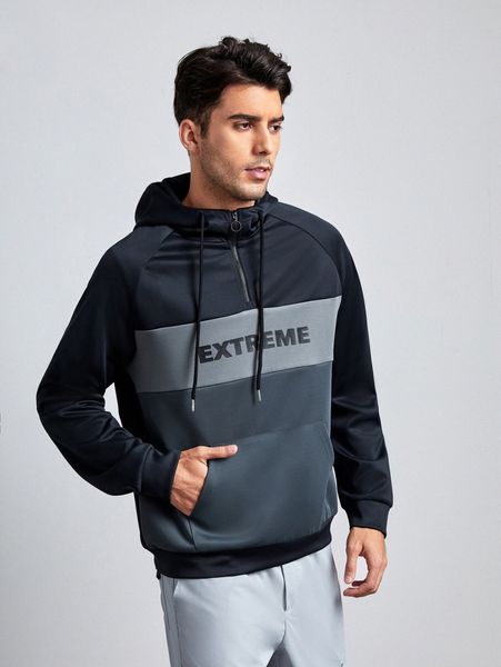 

men zip up pouch pocket letter graphic colorblock hoodie u0ha#, Black