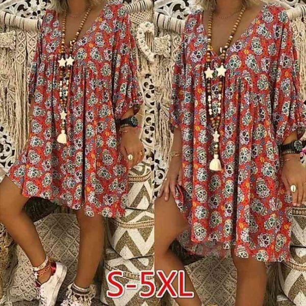 

Women V-neck 3 4 Sleeves Loose Flowy T-shirt Dress Halloween Skull Floral Casual Flared Party Tunic Sundress Plus Size S-5xl, Black;gray