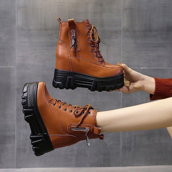 

boots women ankle 2021 super high heels wedges female lace up platforms spring leather woman casual botas mujer, Black