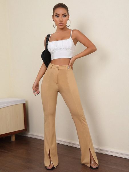 

slit hem flare leg pants b0fd#, Black;white