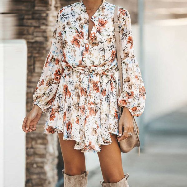 

white ruffled mini vintage print irregular dress autumn clothing lantern sleeve elegant chiffon dress lace up slim streetwear 210806, Black;gray