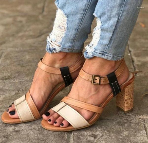 

sandals women summer thick high heel buckle plus size pu leather luxury open toe shoes fashion for ladies pumps11, Black