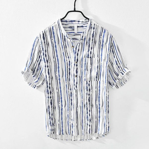 

men's casual shirts m3019 linen striped shirt for men fashion summer luxury thin loose vacation street short sleeve blouse stand collar, White;black
