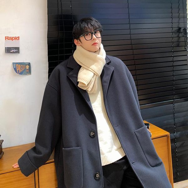 

men's wool & blends autumn loose shoulder pure color korean high-quality woolen coat, Black