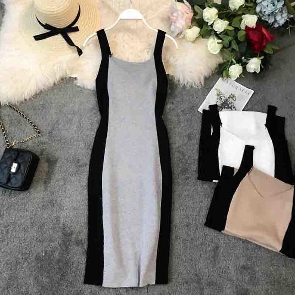 

women bodycon dress korean fashion summer sleeveless spaghetti strap dresses ladies vintage knitted dress robe femme 210521, Black;gray