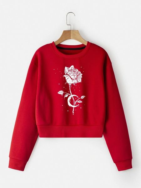 

moon & rose print drop shoulder thermal pullover f7rw#, White;black