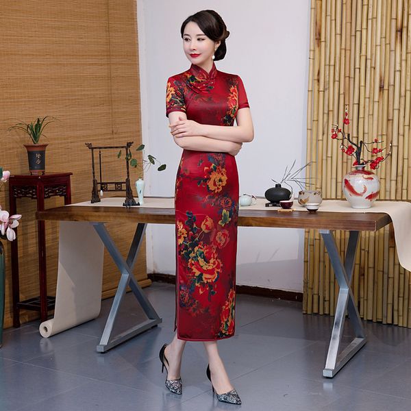 

plus size 4xl women elegant chinese handmade button cheongsam long satin short sleeve prined broadside orientale banquet qipao, Red