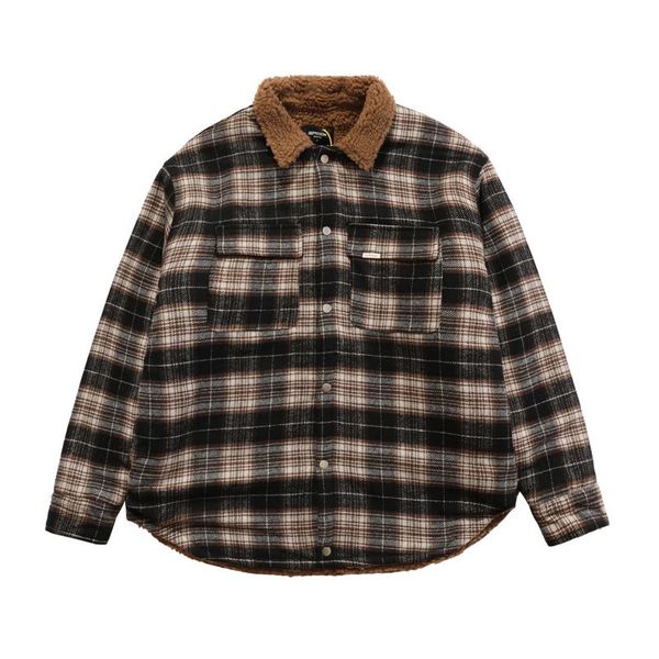 

men's jackets stripe plaid represent shirt thick jacket men women double pockets flannel lapel lamb button v shape male's cloth, Black;brown