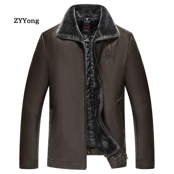 

men's fur & faux winter black fleece leather jacket men parka coat overcoat plus velvet warm collar slim pu business brown windbreaker