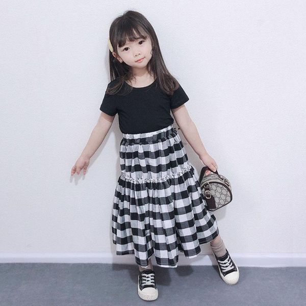

clothing sets two piece girls summer black t-shirt children clothes kids lattice long skirt set fashion style, White