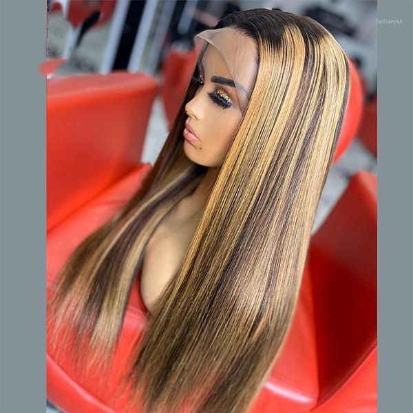 

brazilian highlight straight wig t part lace front human hair for women with baby breathable mesh cap 150% density wigs1, Black;brown