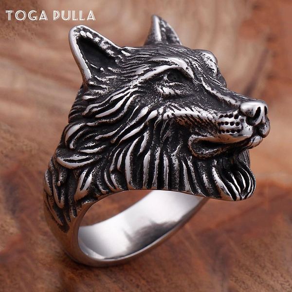 

cluster rings personalized viking norse wolf head ring cool gold silver 316l stainless steel punk gothic biker mens hiphop jewelry, Golden;silver