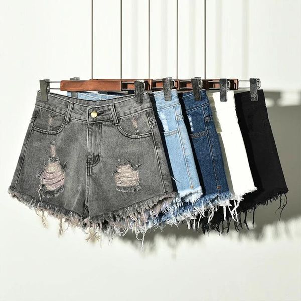 

women's jeans fashion women denim shorts frayed ripped holes fringed high waist plus size slim short summer, Blue