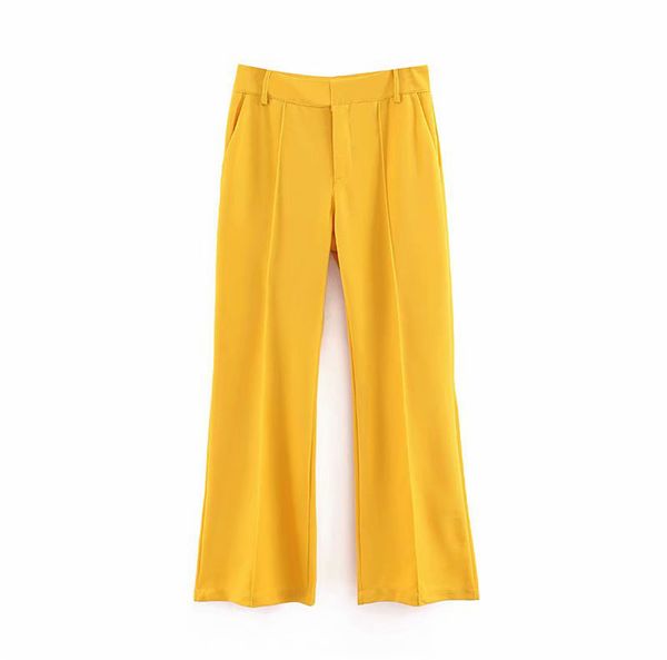 Frauen Twill Breite Bein Hosen Reißverschluss Design Europäischen Stil Weibliche Vintage Casual Gelbe Hose Hohe Taille Pantalones 210430