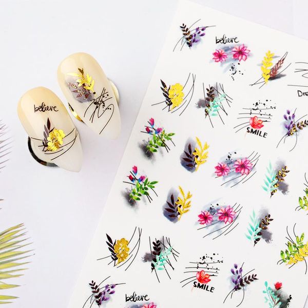 

stickers & decals harunouta gold flower leaves water slider lines geometrics spring summer nail art transfer 3d diy watermarks, Black