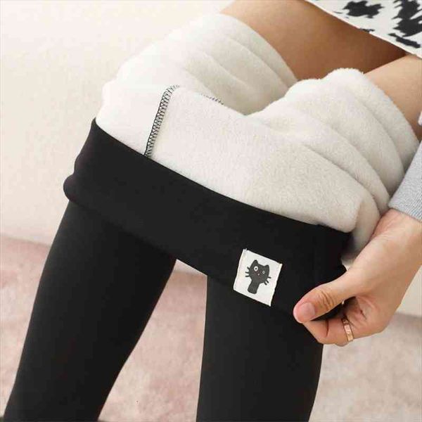 

autumn and winter wear small foot sheep lamb pants female plus velvet thick hips warm kitten pencil pants, Black