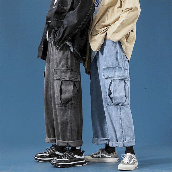

pantalones vaqueros pierna ancha para hombre, pantaln holgado recto con bolsillos es, estilo de hong kong, tendencia sa, Blue