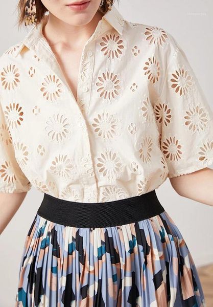 

elfbop cotton ladies hollow out daisy embroideried blouse shirt - 2021 style women's blouses & shirts, White