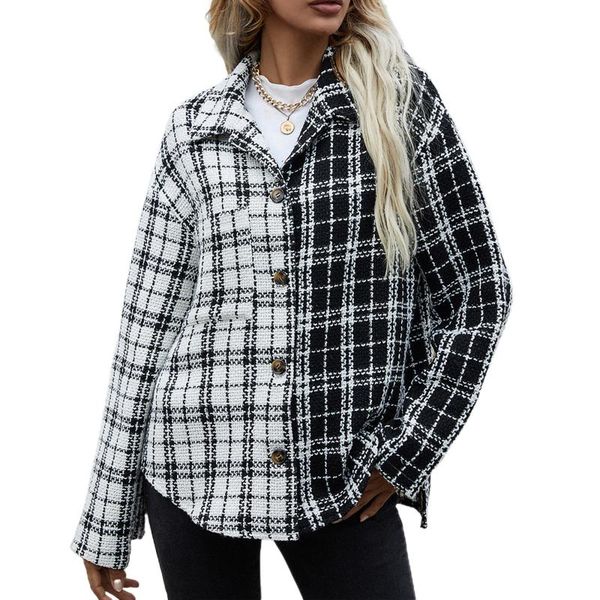 

women's jackets women plaid printed pattern coat black white long sleeve button-down collared, Black;brown