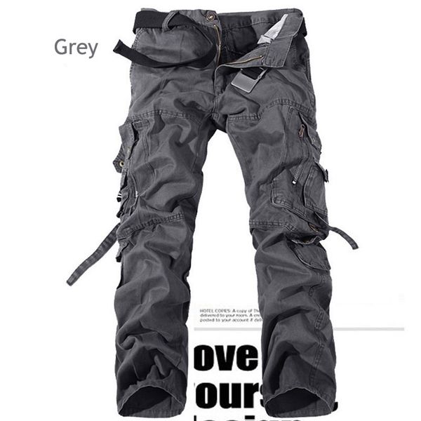 

men's pants solid color cotton canvas casual pants wearing cargo multi-pocket straight military loose tooling trousers tkf3, Black