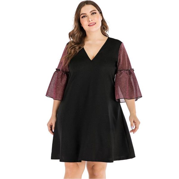 

plus size dresses summer women's dress 2021 elegant mesh a line patchwork party club night outfits flare half sleeve, Black