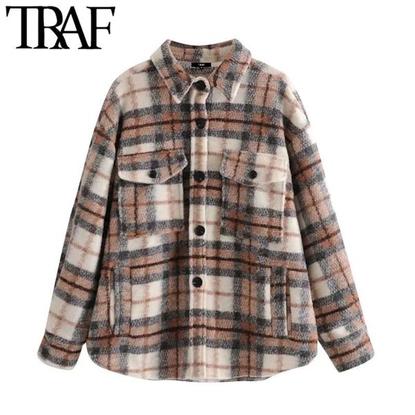 

women's jackets traf women fashion oversized check woolen jacket coat vintage long sleeve pockets female outerwear chic, Black;brown