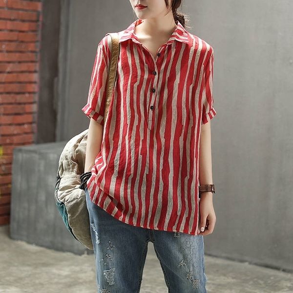 

f&je new style summer women shirt plus size short sleeve loose casual ladies striped cotton linen vintage female blouse d4 210317, White