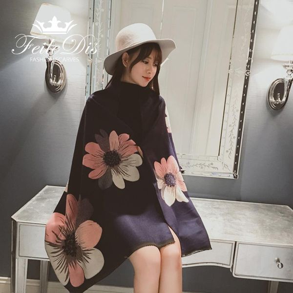 

scarves [feiledis] flowers printed imitation cashmere europe and the united states romantic couple double-use warm shaw fd147, Blue;gray