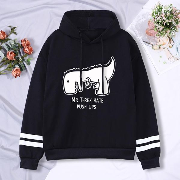 

men's hoodies & sweatshirts mr t-rex hate push ups printed hoodie men stripe cuffs hoody street soft harajuku sweatshirt hipster warm 2, Black