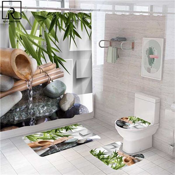 Tenda da doccia decorativa con stampa di bambù e pietra Pace interiore Tende da bagno Tappetino da bagno verde Set Tappeto da toilette Decorazioni giapponesi 211116
