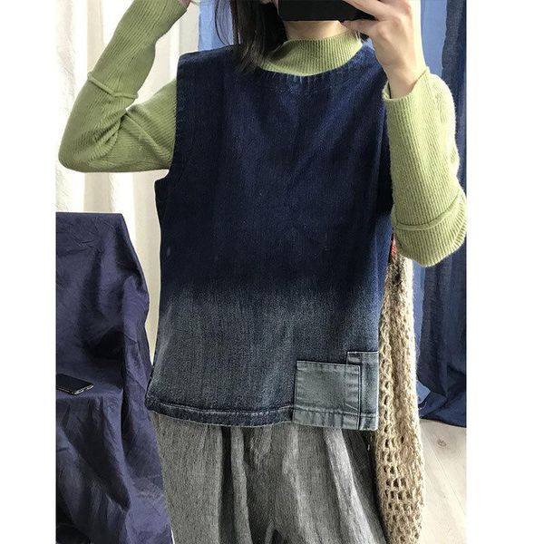 

women's vests superaen make old gradually change color stick cloth cowboy little waistcoat all match casual denim womens vest, Black;white