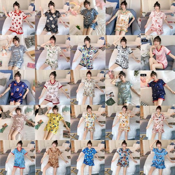 

short sleeve pajamas silk women sleepwear set 2 pcs shirt nightwear for pant wear young girl pyjamas, Black;red