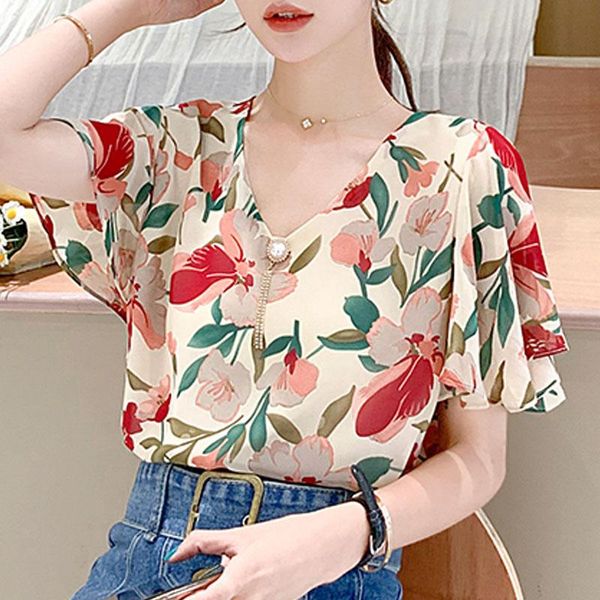 

blouse women 2021 summer short sleeve shirt v-neck print chiffon clothes shirts blusas d141 women's blouses, White