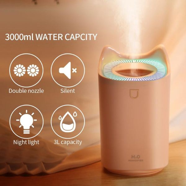 

humidifiers home air humidifier 3l double nozzle cool mist aroma diffuser with coloful led light heavy fog ultrasonic humidificador