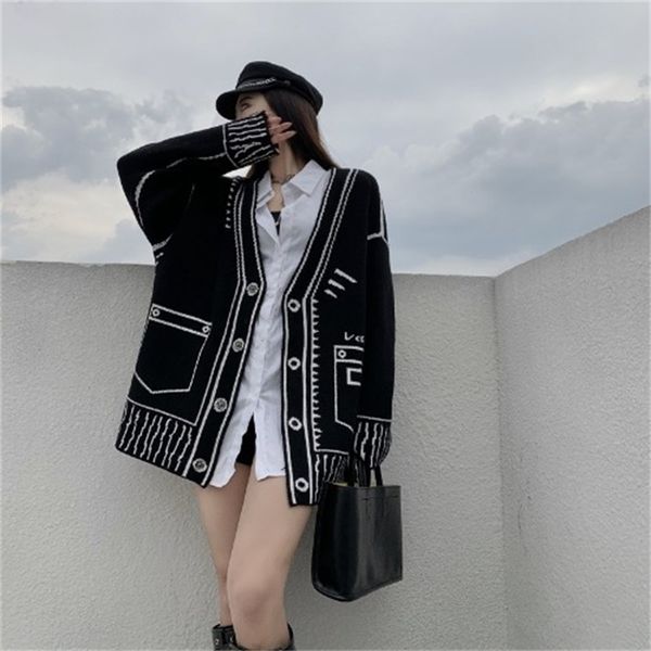 

knitted cardigan women contrast color line graffiti pattern long sleeve sweater single breasted sueter mujer 3d220 210429, White;black
