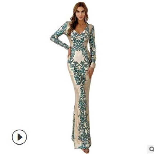 

casual dresses ladies v-neck long-sleeved party dress with sequins slim temperament elegant and fashionable prom long, Black;gray