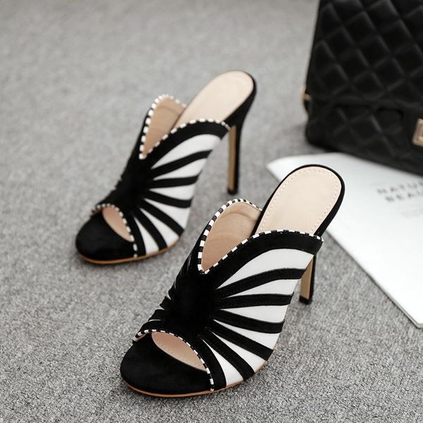 

slippers mixed color thin high heels women summer shoes black and white stripes slides peep toe femme european flipflops 2021