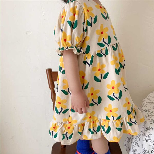 

summer girls floral casual dresses korean style cute children short sleeve little princess dress 2-6y 210615, Red;yellow