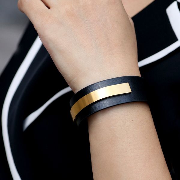 

qinuo creative new u-shaped stainless bend student personalized ti-tanium steel women's bracelet pu wide leather jewelry, Golden;silver