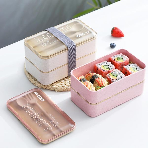 

dinnerware sets 2021 1000ml protable lunch box double layer wheat straw bento boxes microwave storage container