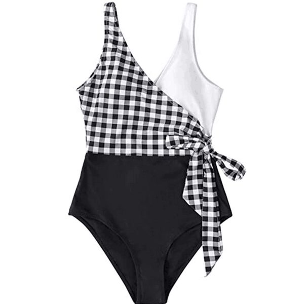 

2021 women's one piece swimsuit wrap color block bowknot bathing suit swimwear beachwear, White;black