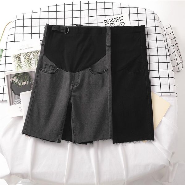 

maternity bottoms 1096# summer thin stretch denim skinny short jeans elastic waist belly pencil shorts for pregnant women half pants, White