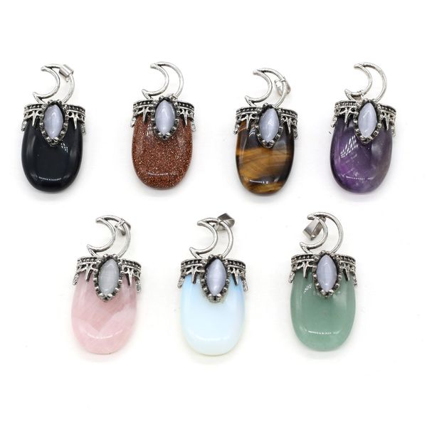 

natural stone 7 chakra charms retro moon shape pendant rose quartz healing reiki crystal finding for diy necklaces jewelry 22x45mm, Bronze;silver