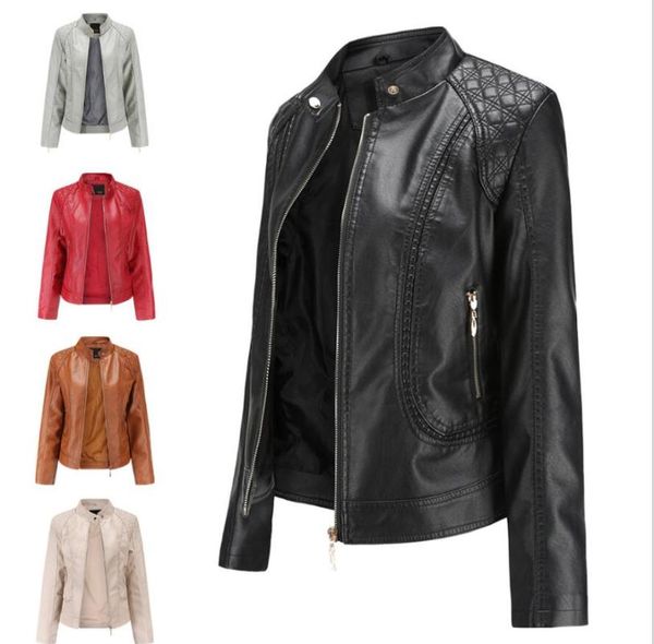 

women's leather & faux 2021 spring and autumn women's clothing temperament large size stand-up collar pu ja, Black