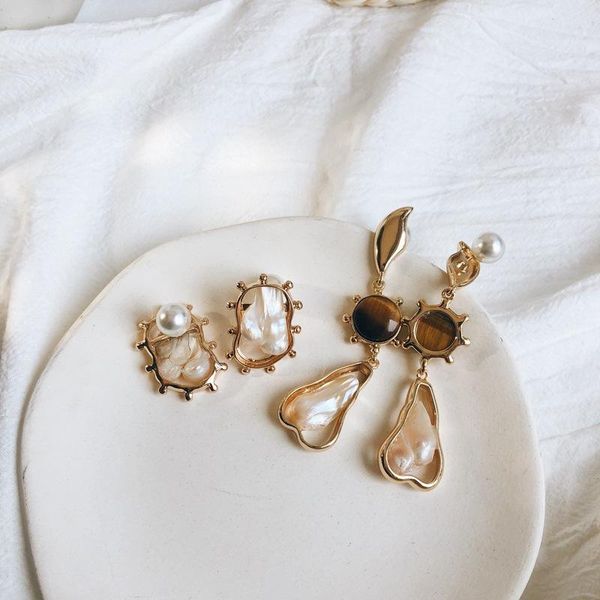 

romantic retro earrings freshwater shaped pearl opal needle baroque female stud, Golden;silver