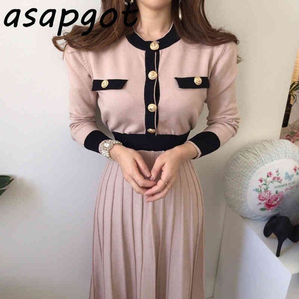 

chic gentle round neck button high waist sweater dress lace up bow autumn knitted pleated fashion 2 style wild 210429, Black;gray